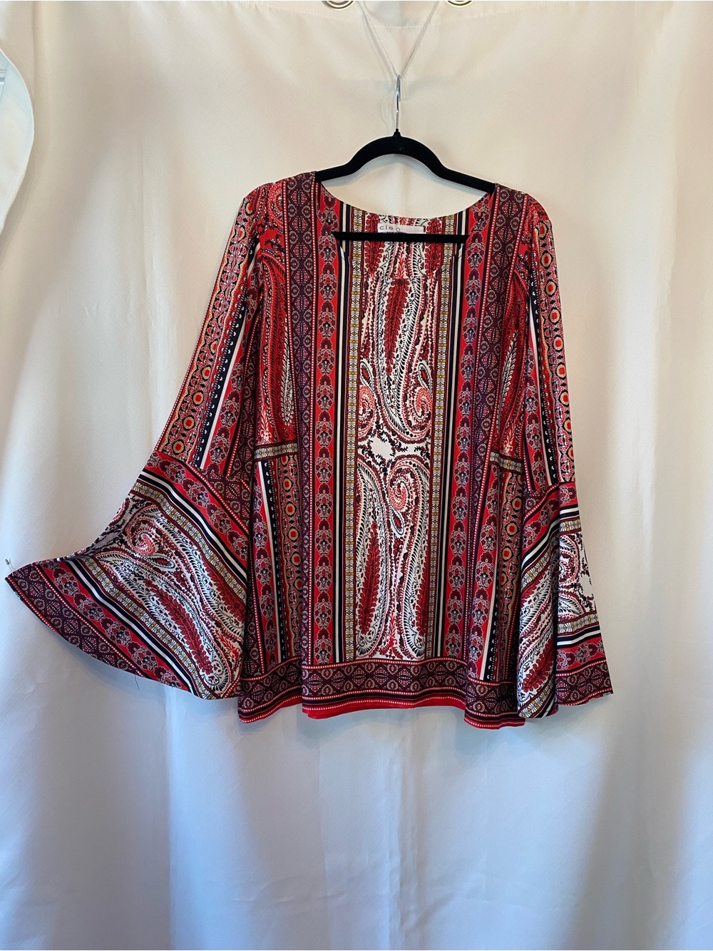 Cleo Bohemian Red Paisley Bell-Sleeve Women's Longer Length Tunic Top XL Retro